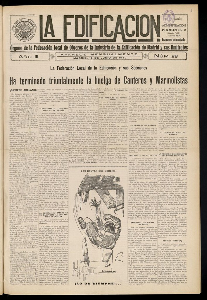 Miniatura de La Edificación: órgano de la Federación Local de Obreros de la Industria de la Edificación de Madrid y sus limítrofes del 15 de junio de 1930, nº 28