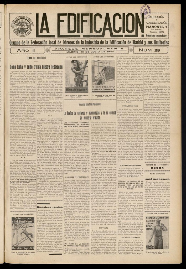 Miniatura de La Edificación: órgano de la Federación Local de Obreros de la Industria de la Edificación de Madrid y sus limítrofes del 15 de julio de 1930, nº 29