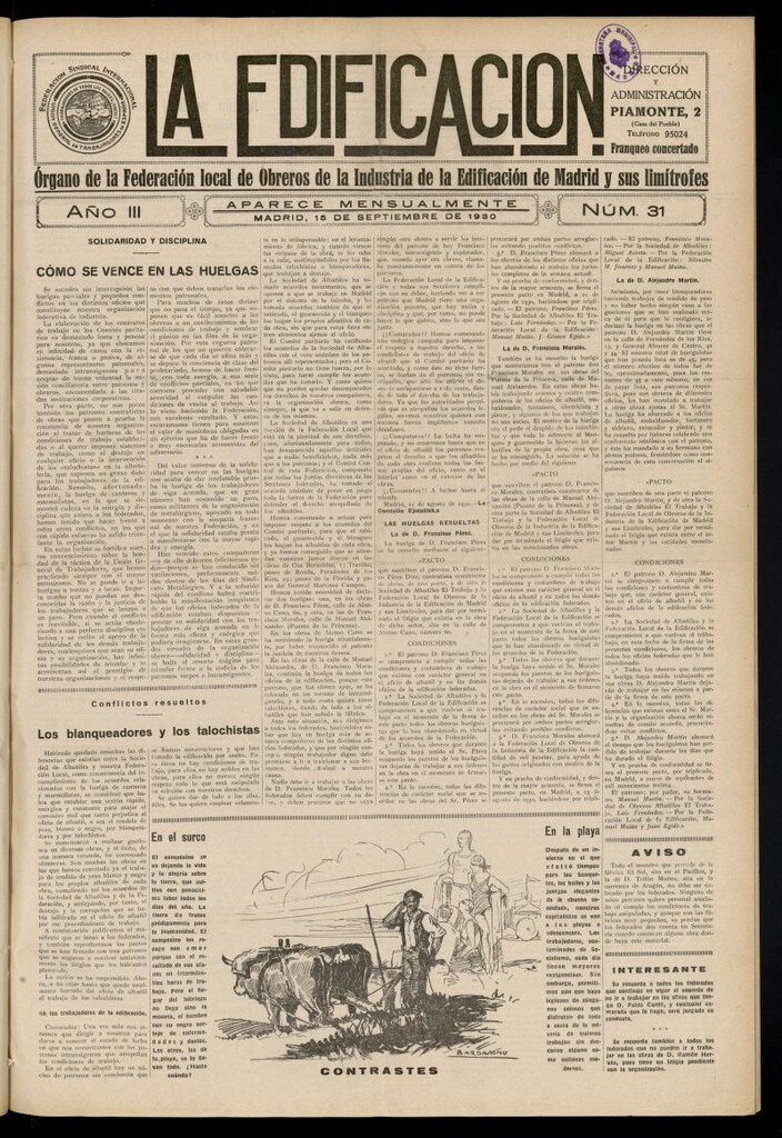 Miniatura de La Edificación: órgano de la Federación Local de Obreros de la Industria de la Edificación de Madrid y sus limítrofes del 15 de septiembre de 1930, nº 31