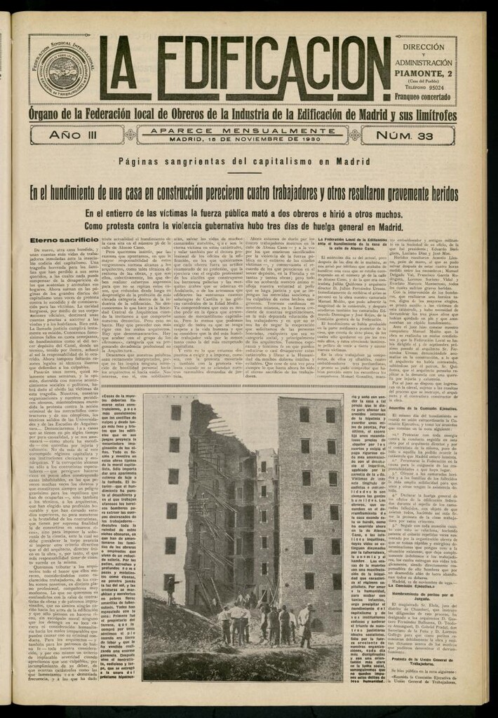 Miniatura de La Edificación: órgano de la Federación Local de Obreros de la Industria de la Edificación de Madrid y sus limítrofes del 15 de noviembre de 1930, nº 33
