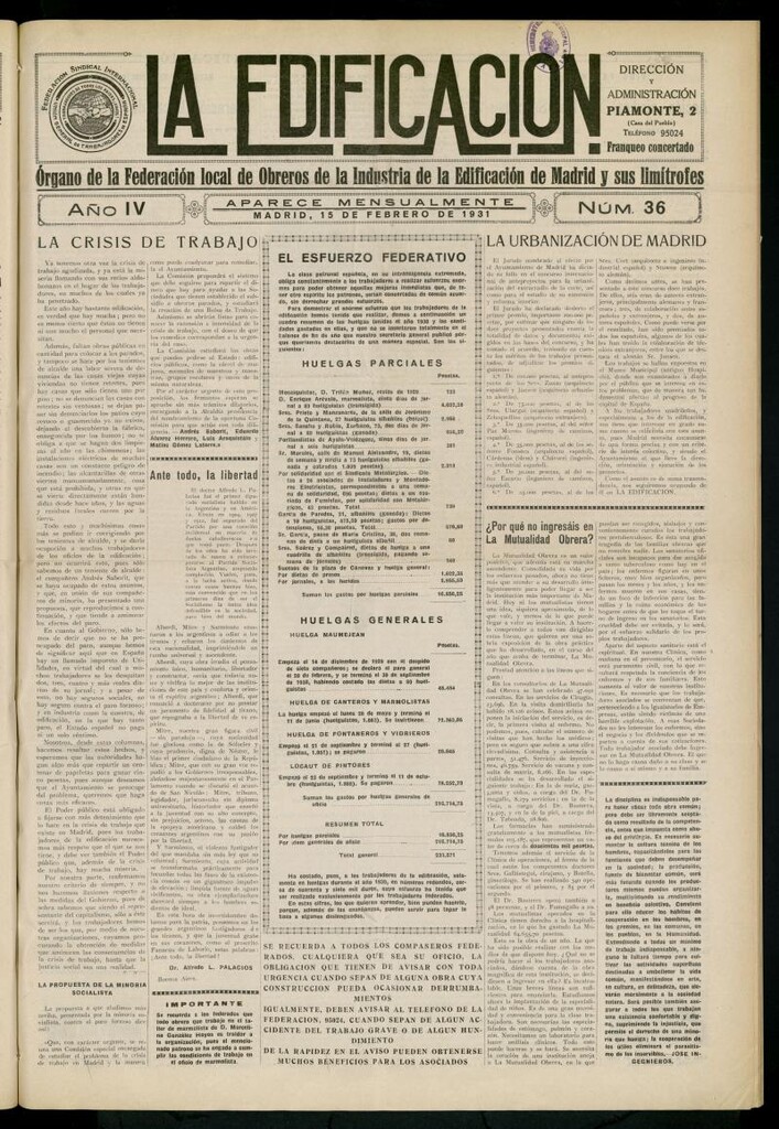 Miniatura de La Edificación: órgano de la Federación Local de Obreros de la Industria de la Edificación de Madrid y sus limítrofes del 15 de febrero de 1931, nº36