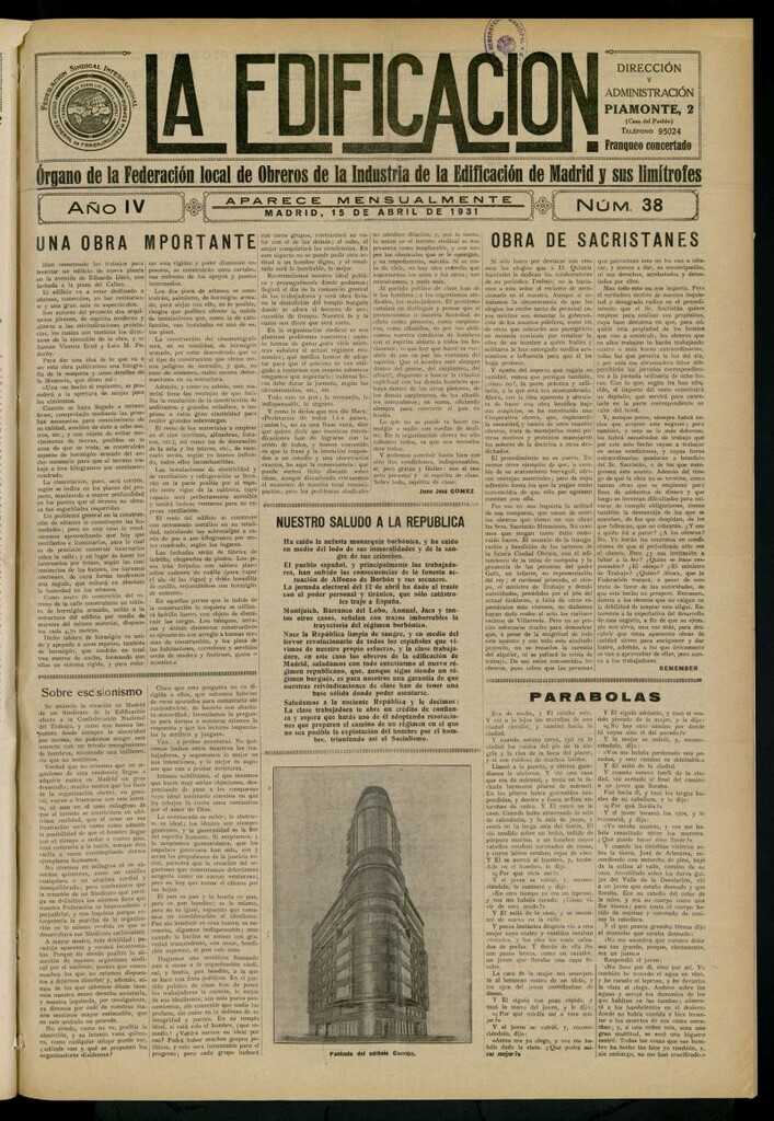 Miniatura de La Edificación: órgano de la Federación Local de Obreros de la Industria de la Edificación de Madrid y sus limítrofes del 15 de abril de 1931, nº 38