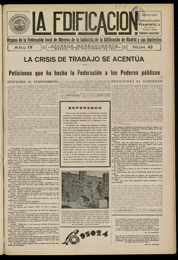 Miniatura de La Edificación: órgano de la Federación Local de Obreros de la Industria de la Edificación de Madrid y sus limítrofes del 15 de septiembre de 1931, nº 43