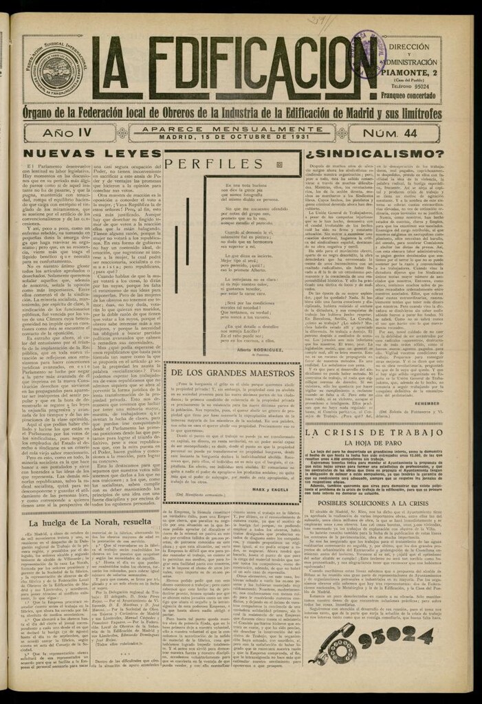 Miniatura de La Edificación: órgano de la Federación Local de Obreros de la Industria de la Edificación de Madrid y sus limítrofes del 15 de octubre de 1931, nº 44