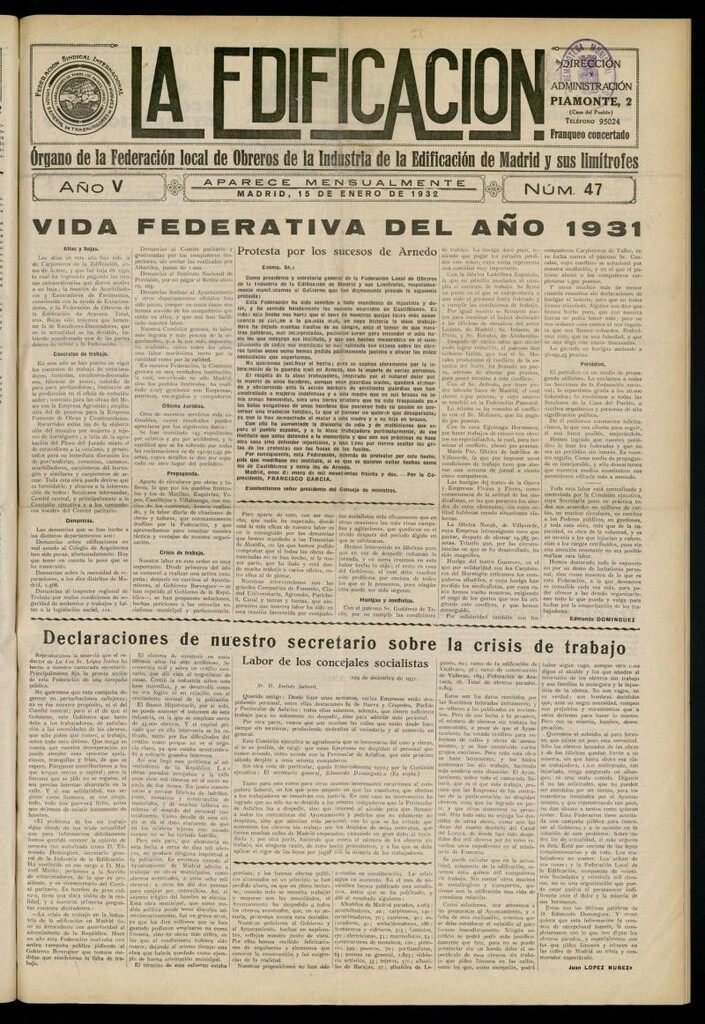 Miniatura de La Edificación: órgano de la Federación Local de Obreros de la Industria de la Edificación de Madrid y sus limítrofes del 15 de enero de 1932, nº 47