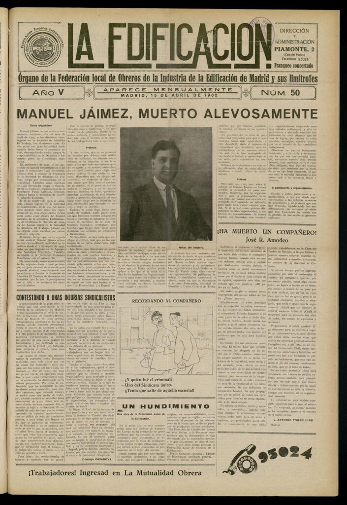 Miniatura de La Edificación: órgano de la Federación Local de Obreros de la Industria de la Edificación de Madrid y sus limítrofes del 15 de abril de 1932, nº 50