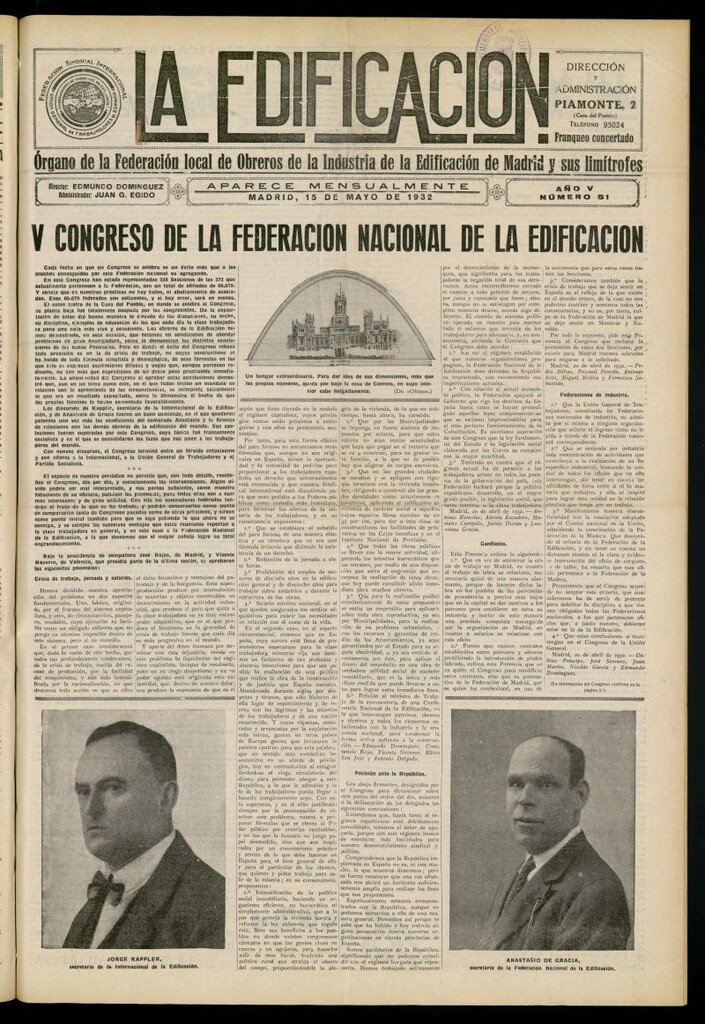 Miniatura de La Edificación: órgano de la Federación Local de Obreros de la Industria de la Edificación de Madrid y sus limítrofes del 15 de mayo de 1932, nº 51