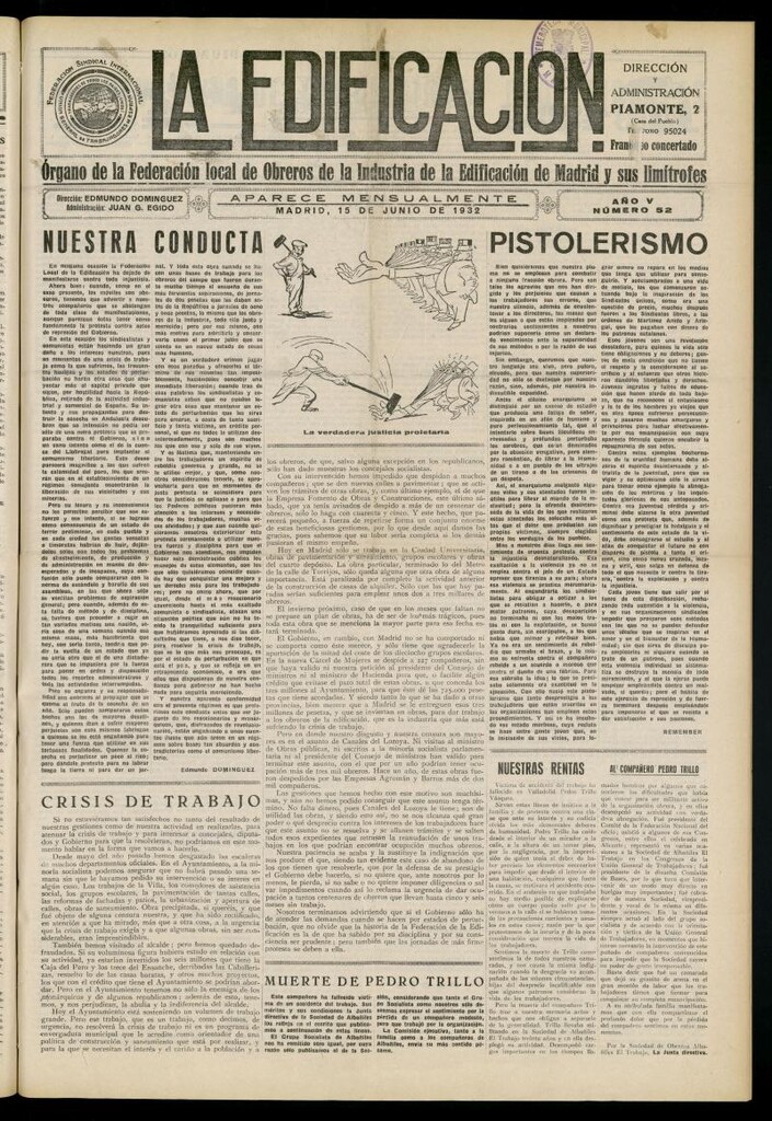 Miniatura de La Edificación: órgano de la Federación Local de Obreros de la Industria de la Edificación de Madrid y sus limítrofes del 15 de junio de 1932, nº 52