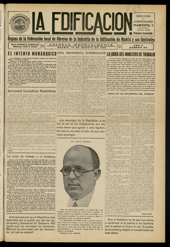 Miniatura de La Edificación: órgano de la Federación Local de Obreros de la Industria de la Edificación de Madrid y sus limítrofes del 15 de agosto de 1932, nº 54