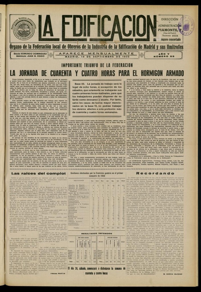 Miniatura de La Edificación: órgano de la Federación Local de Obreros de la Industria de la Edificación de Madrid y sus limítrofes del 15 de septiembre de 1932, nº 55