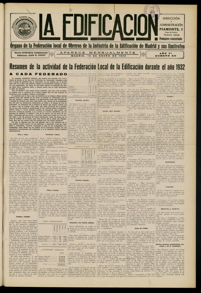 Miniatura de La Edificación: órgano de la Federación Local de Obreros de la Industria de la Edificación de Madrid y sus limítrofes del 15 de enero de 1933, nº 59