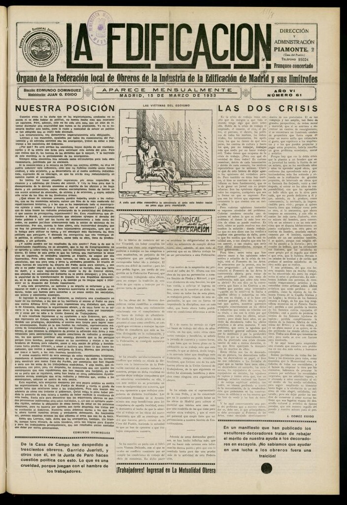 Miniatura de La Edificación: órgano de la Federación Local de Obreros de la Industria de la Edificación de Madrid y sus limítrofes del 15 de marzo de 1933, nº 61