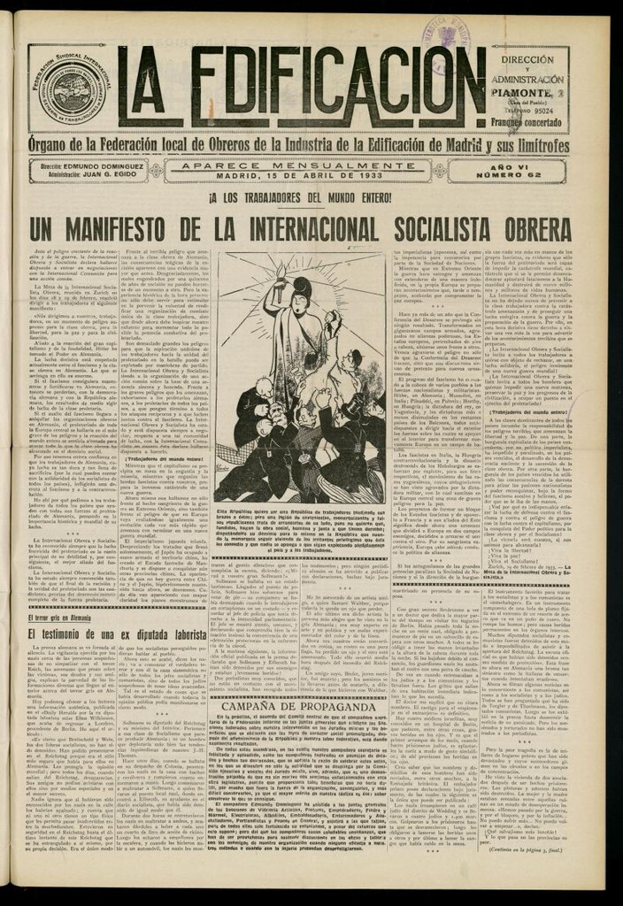 Miniatura de La Edificación: órgano de la Federación Local de Obreros de la Industria de la Edificación de Madrid y sus limítrofes del 15 de abril de 1933, nº 62