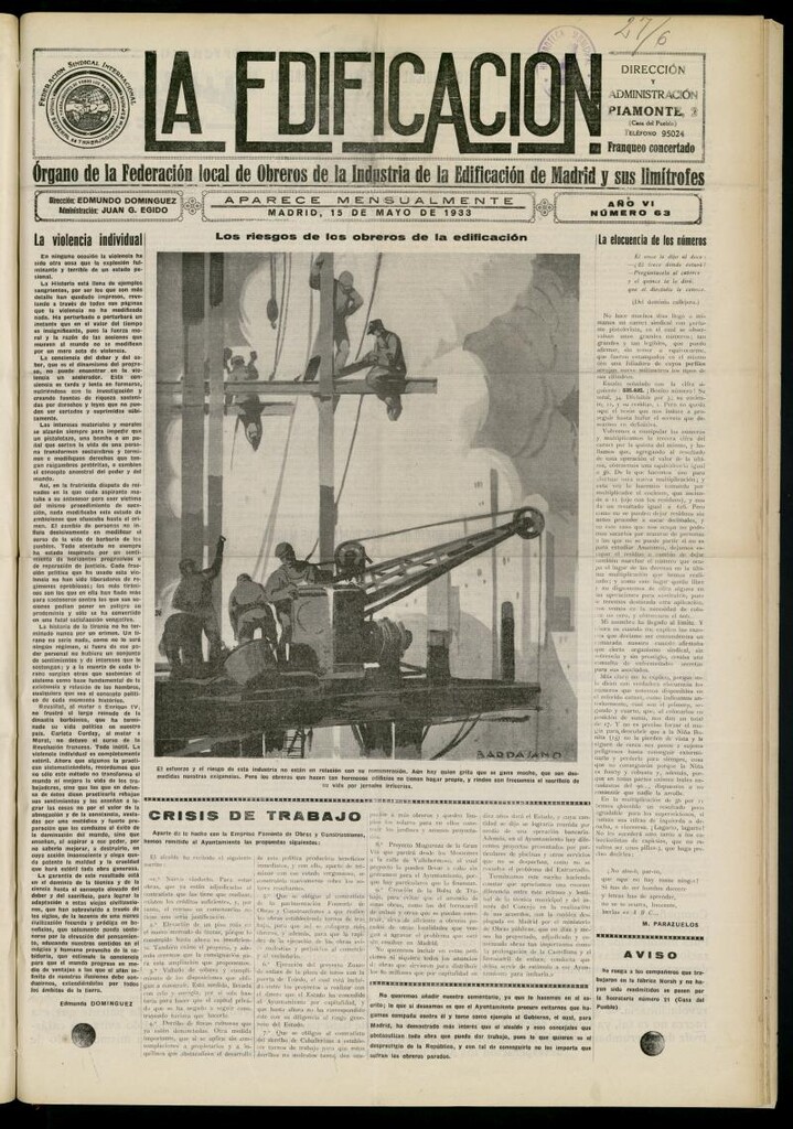 Miniatura de La Edificación: órgano de la Federación Local de Obreros de la Industria de la Edificación de Madrid y sus limítrofes del 15 de mayo de 1933, nº 63