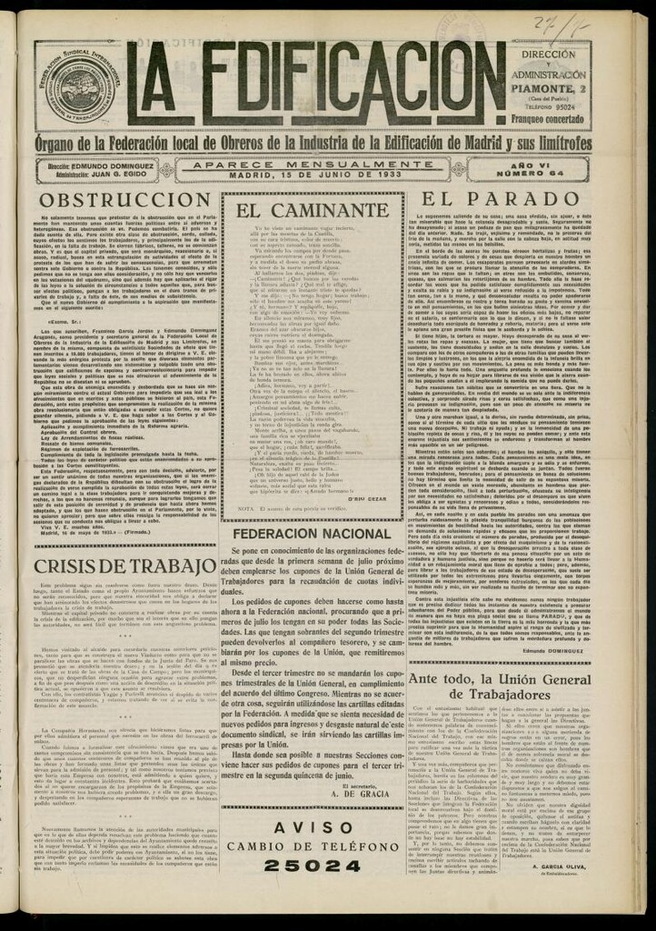 Miniatura de La Edificación: órgano de la Federación Local de Obreros de la Industria de la Edificación de Madrid y sus limítrofes del 15 de junio de 1933, nº 64
