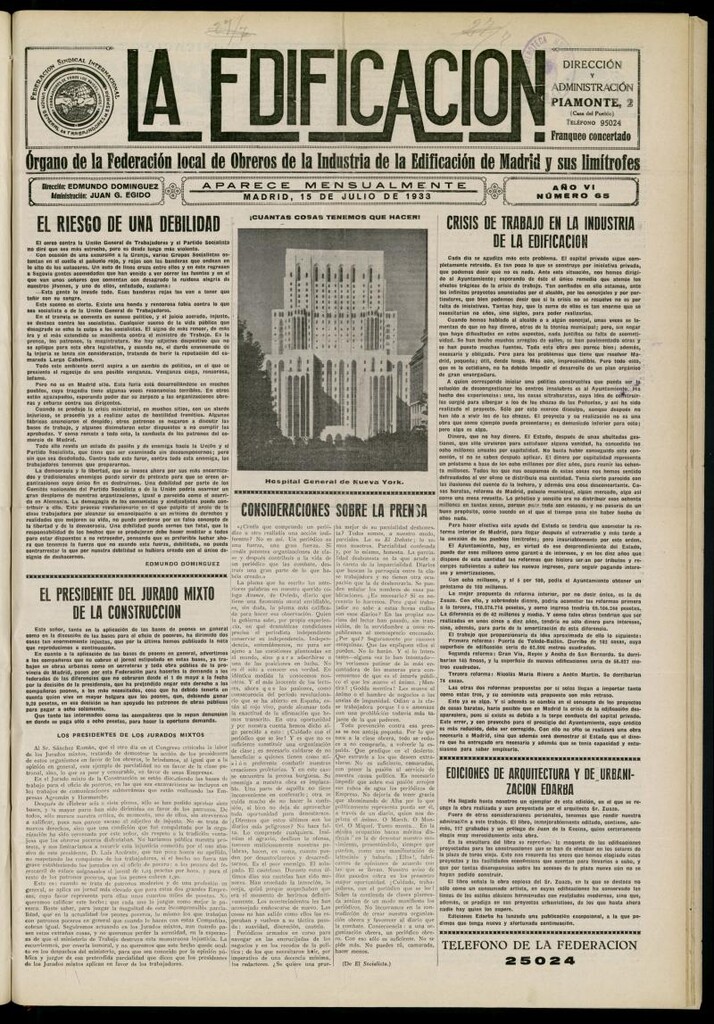 Miniatura de La Edificación: órgano de la Federación Local de Obreros de la Industria de la Edificación de Madrid y sus limítrofes del 15 de julio de 1933, nº 65