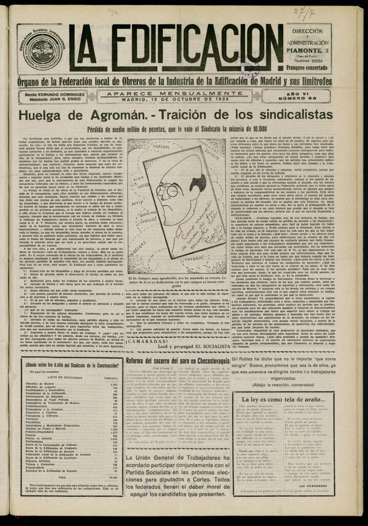 Miniatura de La Edificación: órgano de la Federación Local de Obreros de la Industria de la Edificación de Madrid y sus limítrofes del 15 de octubre de 1933, nº 68
