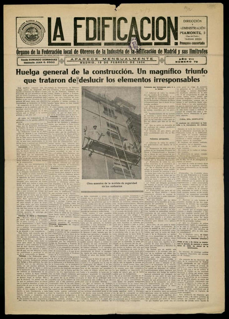 Miniatura de La Edificación: órgano de la Federación Local de Obreros de la Industria de la Edificación de Madrid y sus limítrofes del 15 de febrero de 1934, nº 72