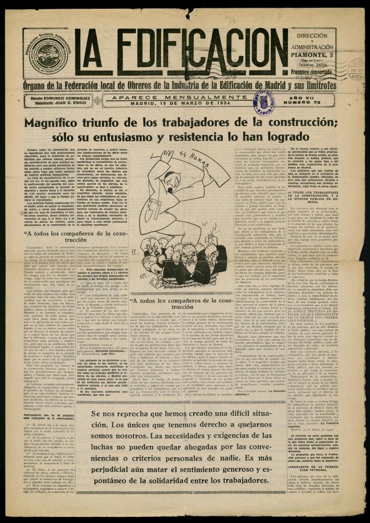 Miniatura de La Edificación: órgano de la Federación Local de Obreros de la Industria de la Edificación de Madrid y sus limítrofes del 15 de marzo de 1934, nº 73