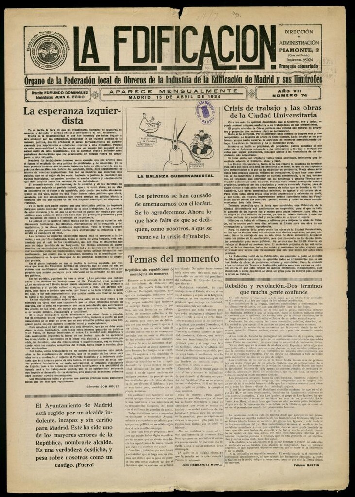 Miniatura de La Edificación: órgano de la Federación Local de Obreros de la Industria de la Edificación de Madrid y sus limítrofes del 15 de abril de 1934, nº 74