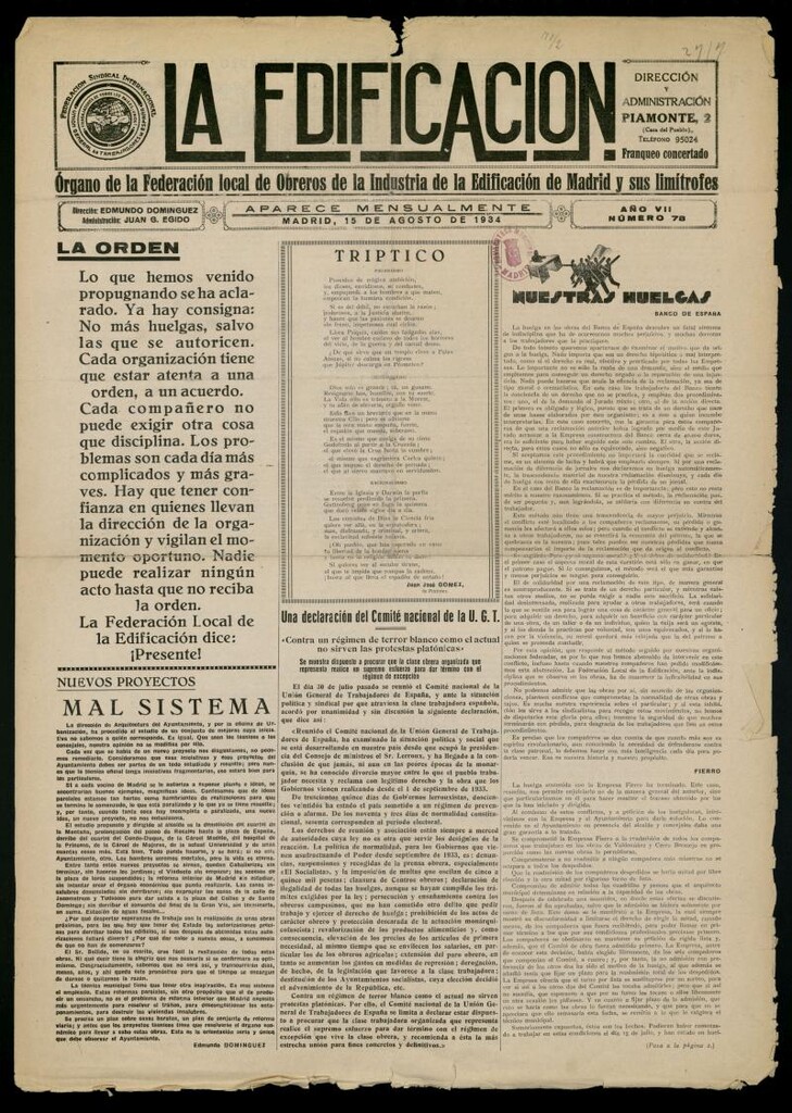 Miniatura de La Edificación: órgano de la Federación Local de Obreros de la Industria de la Edificación de Madrid y sus limítrofes del 15 de agosto de 1934, nº 78