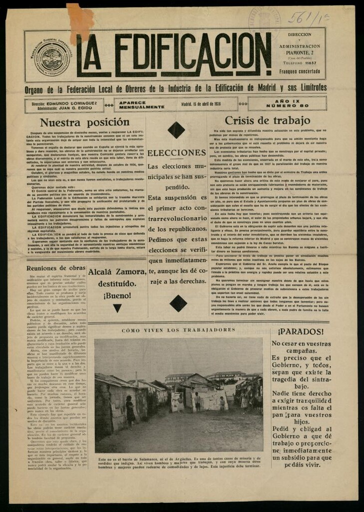Miniatura de La Edificación: órgano de la Federación Local de Obreros de la Industria de la Edificación de Madrid y sus limítrofes del 15 de abril de 1936, nº 80