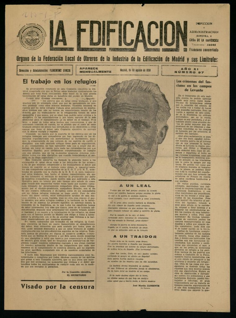 Miniatura de La Edificación: órgano de la Federación Local de Obreros de la Industria de la Edificación de Madrid y sus limítrofes del 15 de agosto de 1938, nº 97