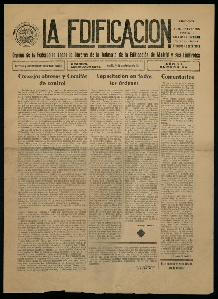 Miniatura de La Edificación: órgano de la Federación Local de Obreros de la Industria de la Edificación de Madrid y sus limítrofes del 15 de septiembre de 1938, nº 98