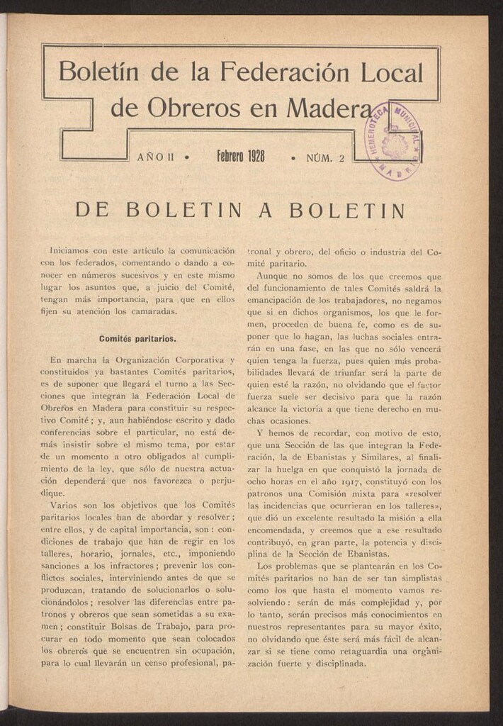 Miniatura de Boletín de la Federación Local de Obreros en Madera, febrero de 1928, nº 2