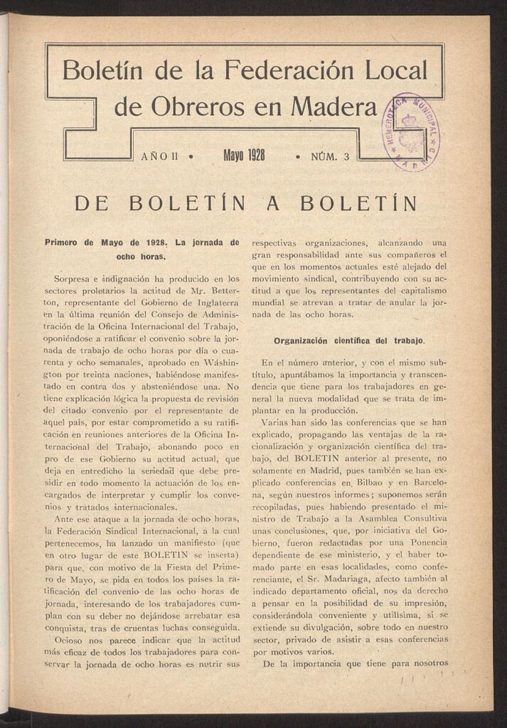 Miniatura de Boletín de la Federación Local de Obreros en Madera, mayo de 1928, nº 3
