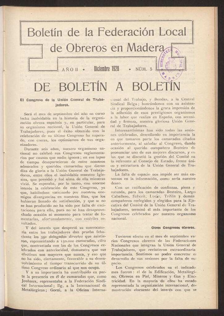 Miniatura de Boletín de la Federación Local de Obreros en Madera, diciembre de 1928, nº 5