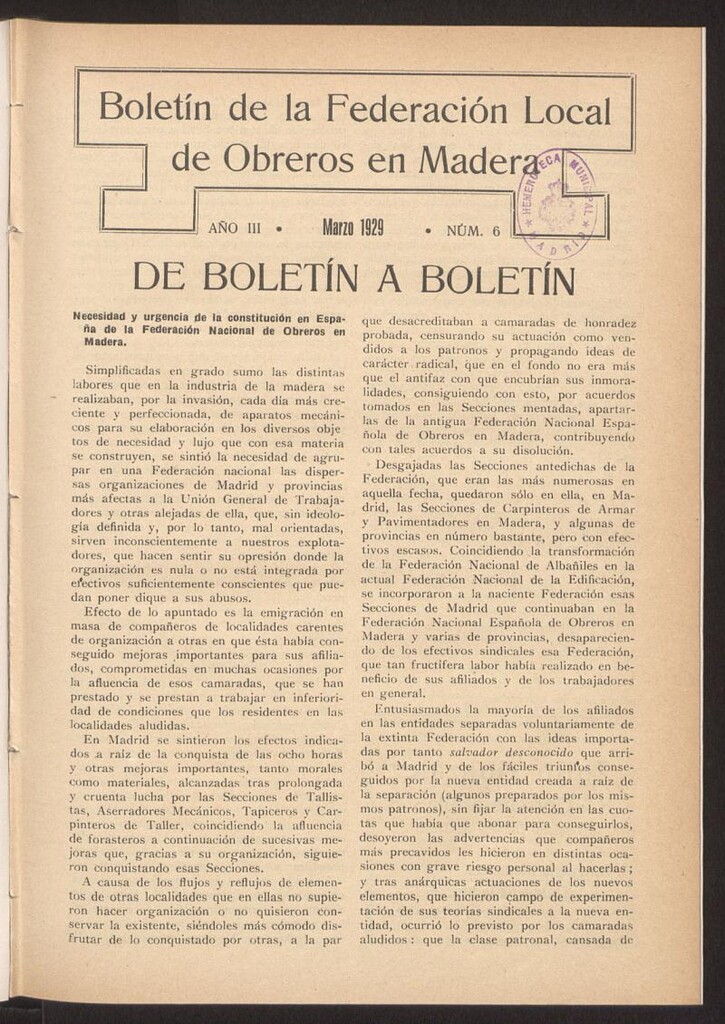 Miniatura de Boletín de la Federación Local de Obreros en Madera, marzo de 1929, nº 6