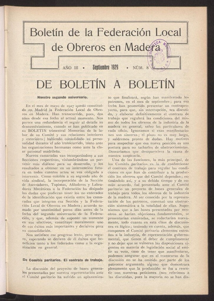 Miniatura de Boletín de la Federación Local de Obreros en Madera, septiembre de 1929, nº 8