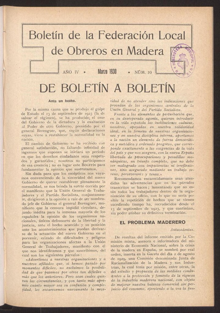 Miniatura de Boletín de la Federación Local de Obreros en Madera , marzo de 1930, nº 10