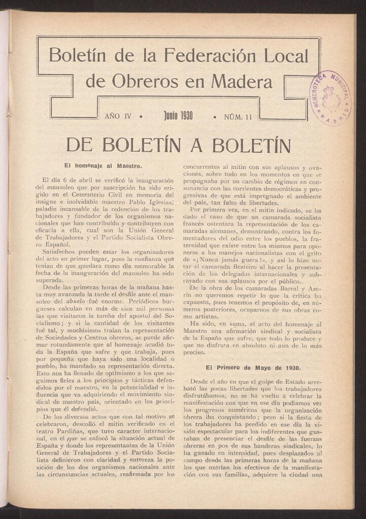 Miniatura de Boletín de la Federación Local de Obreros en Madera, 6 de junio de 1930, nº 11