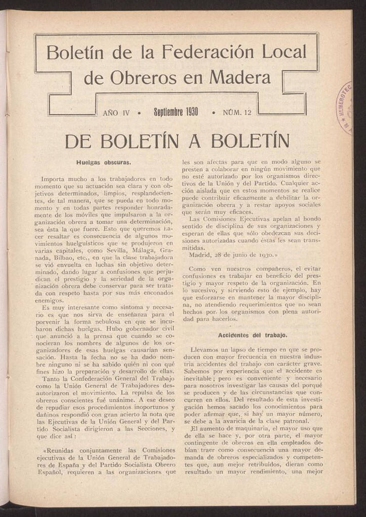 Miniatura de Boletín de la Federación Local de Obreros en Madera, septiembre de 1930, nº 12