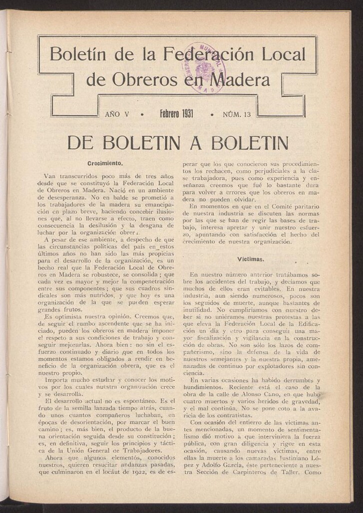 Miniatura de Boletín de la Federación Local de Obreros en Madera, febrero de 1931, nº 13