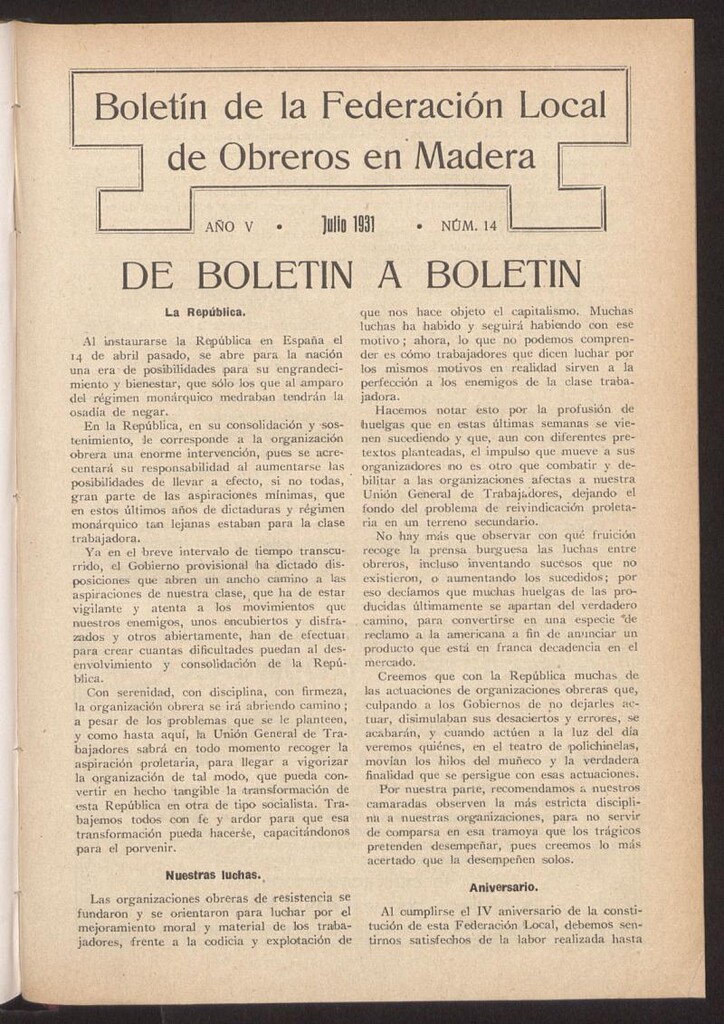 Miniatura de Boletín de la Federación Local de Obreros en Madera, julio de 1931, nº 14