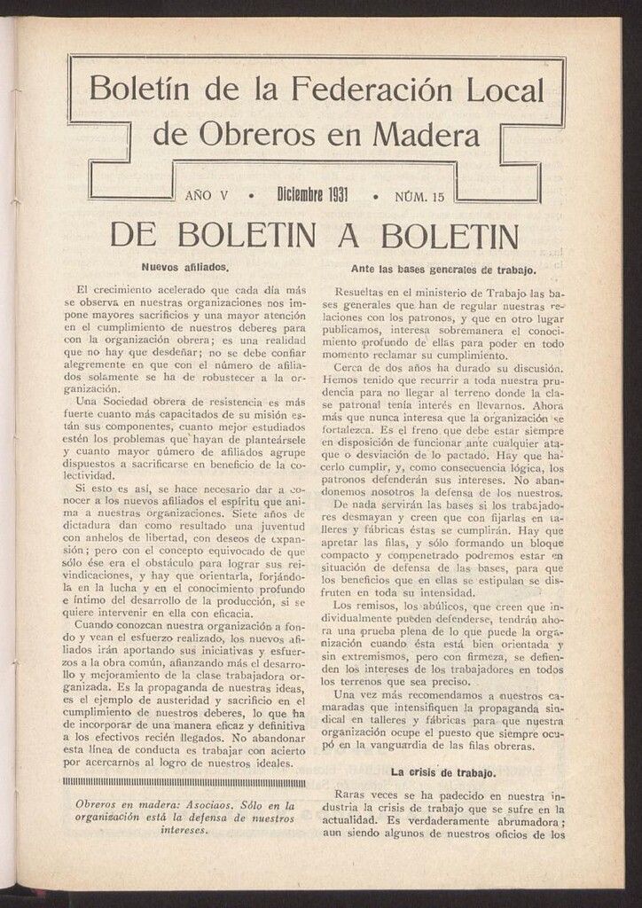 Miniatura de Boletín de la Federación Local de Obreros en Madera, diciembre de 1931, nº 15