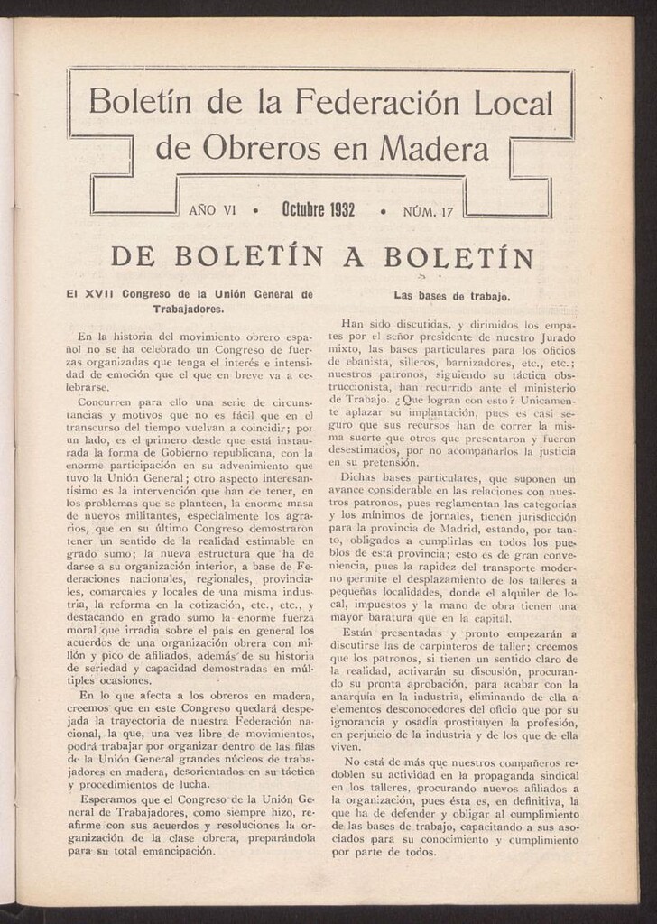 Miniatura de Boletín de la Federación Local de Obreros en Madera, octubre de 1932, nº 17