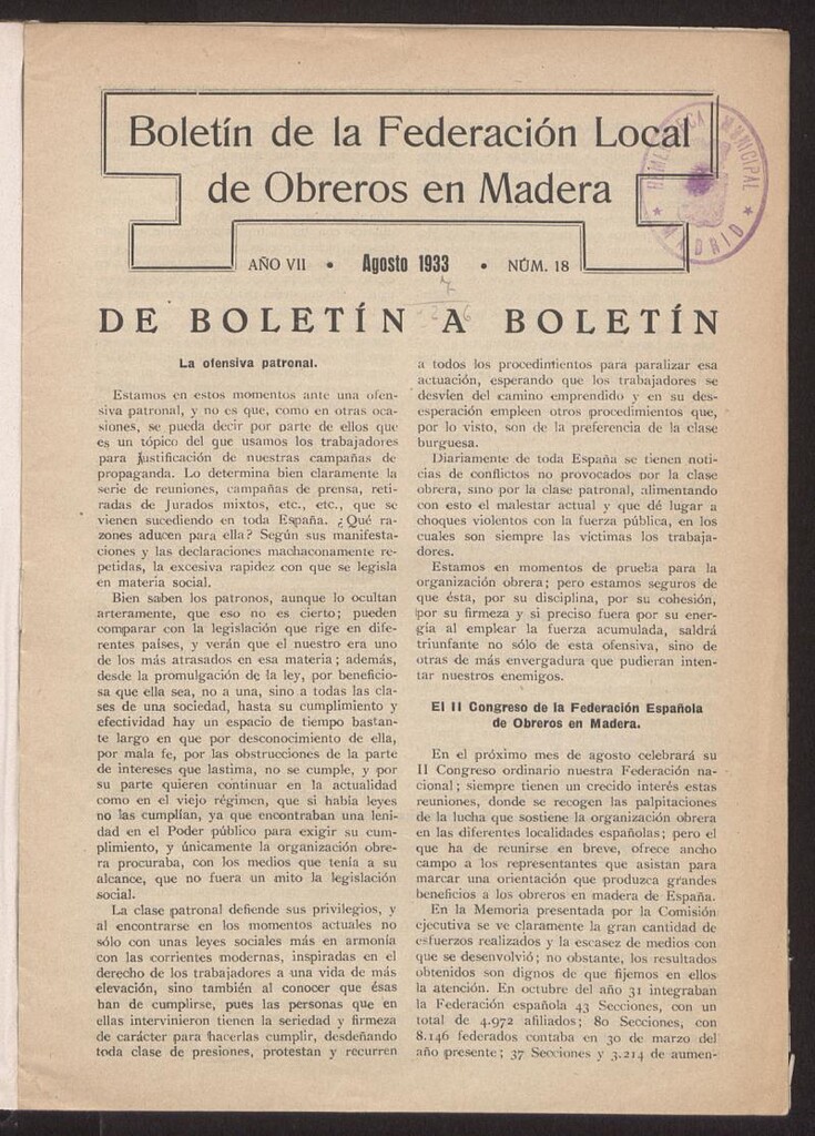 Miniatura de Boletín de la Federación Local de Obreros en Madera, agosto de 1933, nº 18