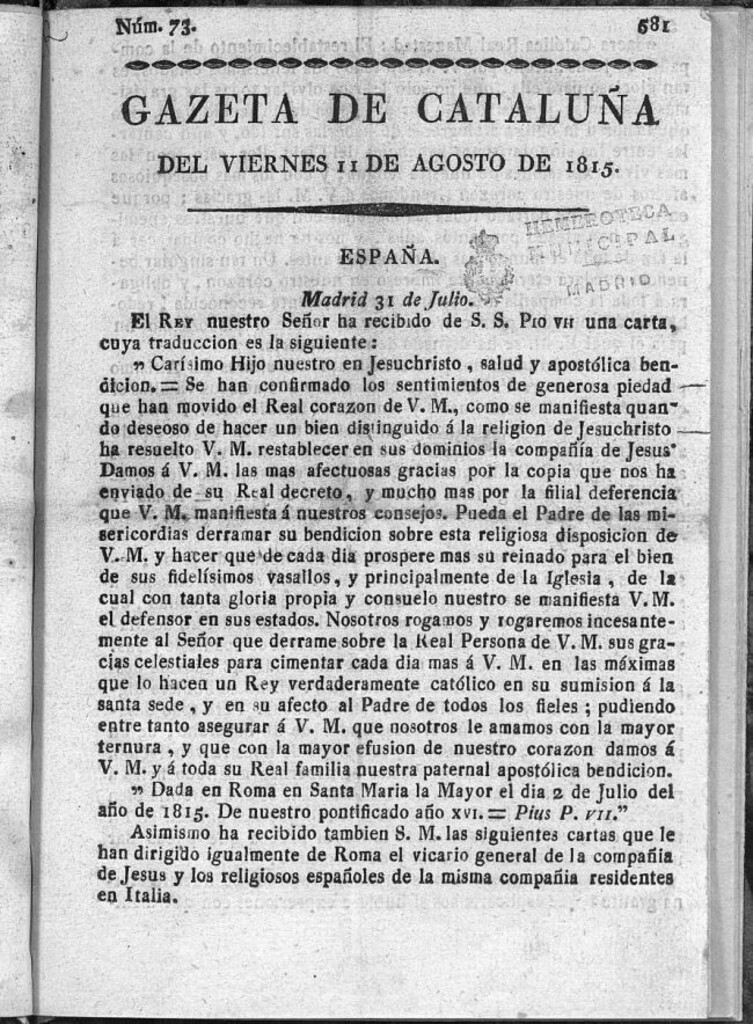 Miniatura de Gazeta de Cataluña del viernes 11 de Agosto de 1815. Número 73