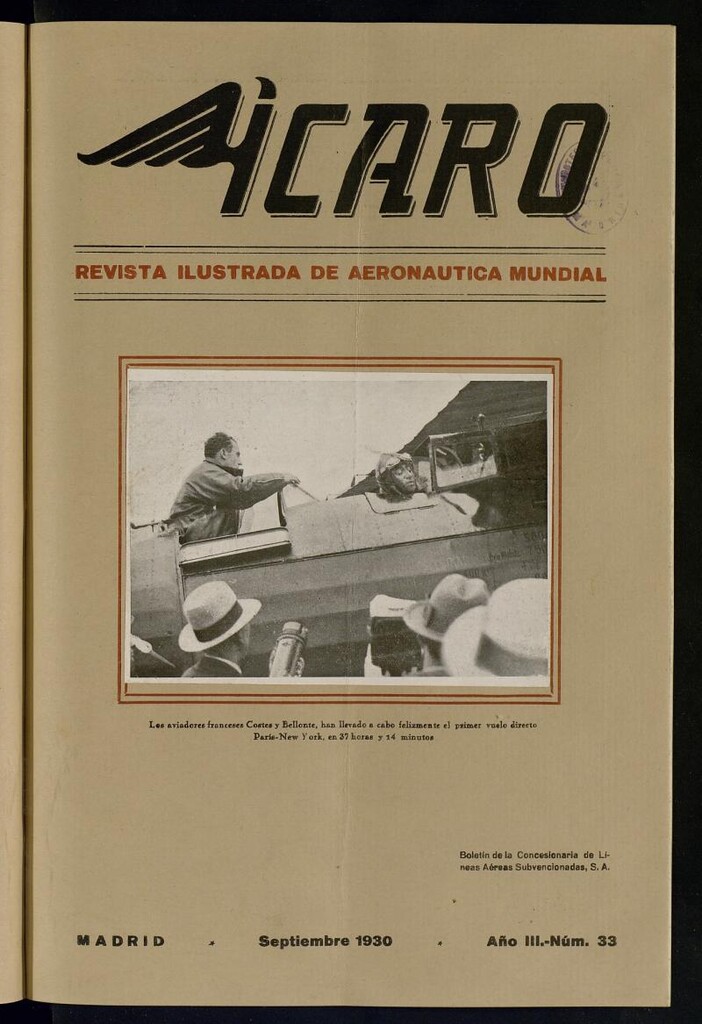 Miniatura de Ícaro: revista ilustrada de aeronáutica mundial. Septiembre de 1930, nº 33