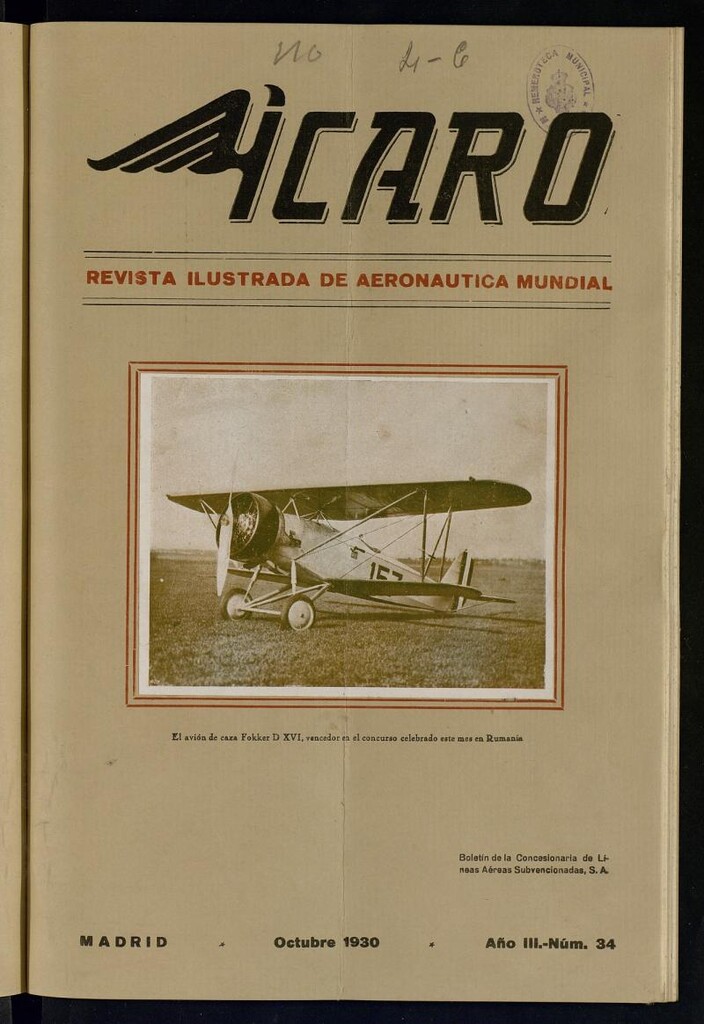 Miniatura de Ícaro: revista ilustrada de aeronáutica mundial. Octubre de 1930, nº 34