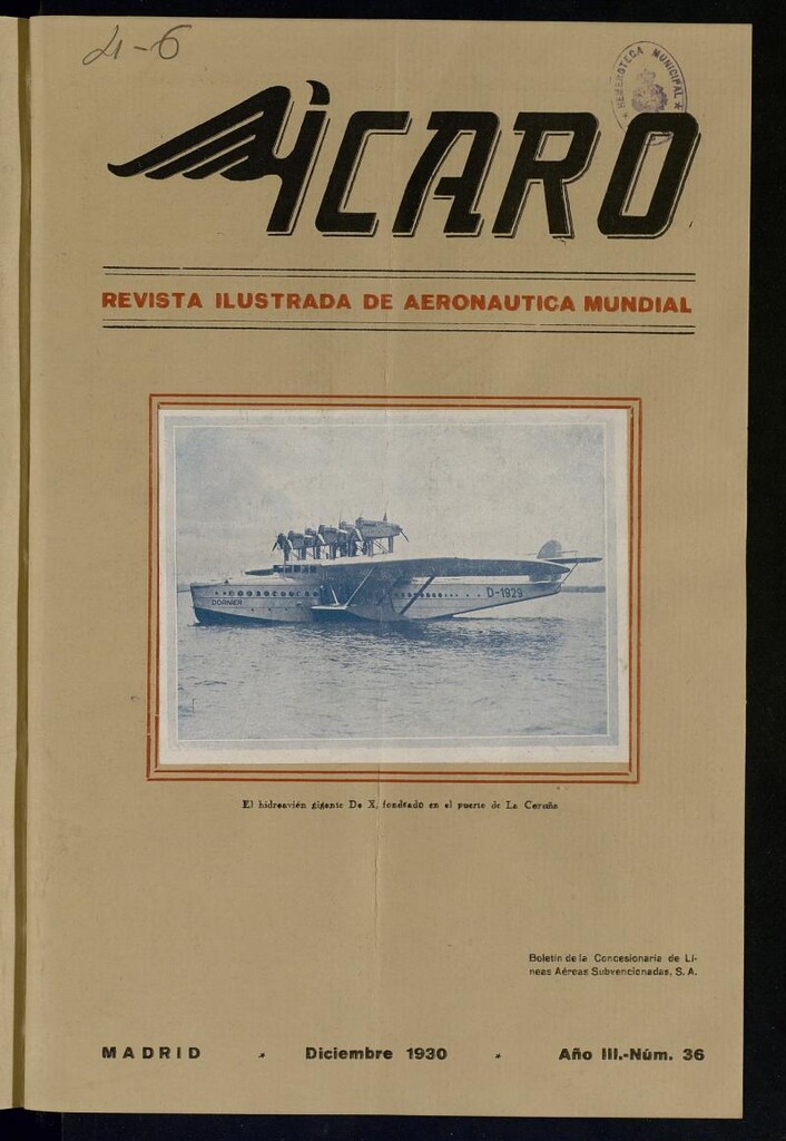 Miniatura de Ícaro: revista ilustrada de aeronáutica mundial. Diciembre de 1930, nº 36