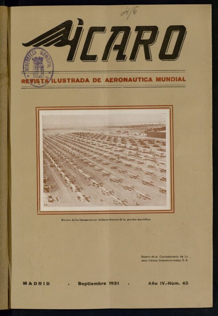 Miniatura de Ícaro: revista ilustrada de aeronáutica mundial. Septiembre de 1931, nº 45