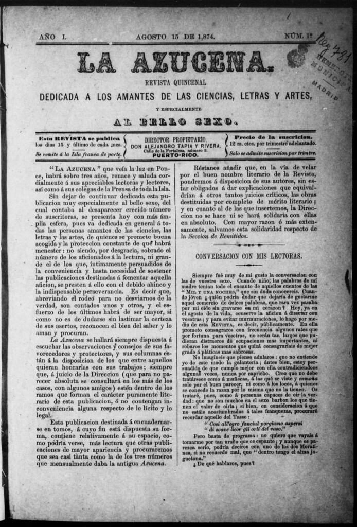 Miniatura de La Azucena: revista quincenal dedicada a los amantes de las ciencias, letras y artes, y especialmente al bello sexo del 15 de agosto de 1874, nº 1