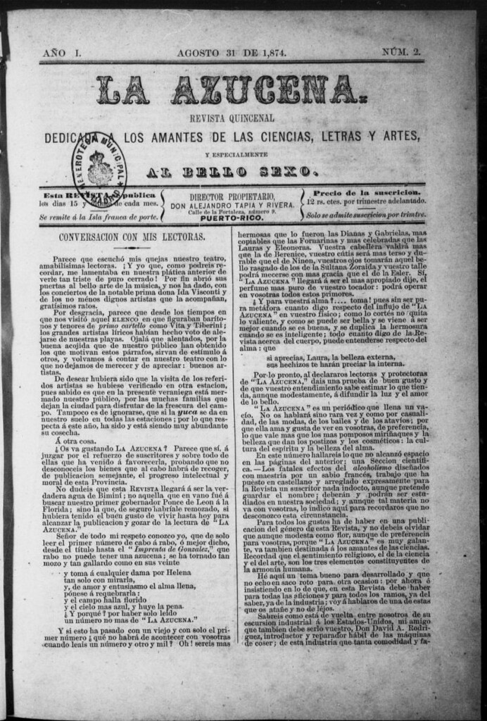 Miniatura de La Azucena: revista quincenal dedicada a los amantes de las ciencias, letras y artes, y especialmente al bello sexo de 31 de agosto de 1874, nº 2