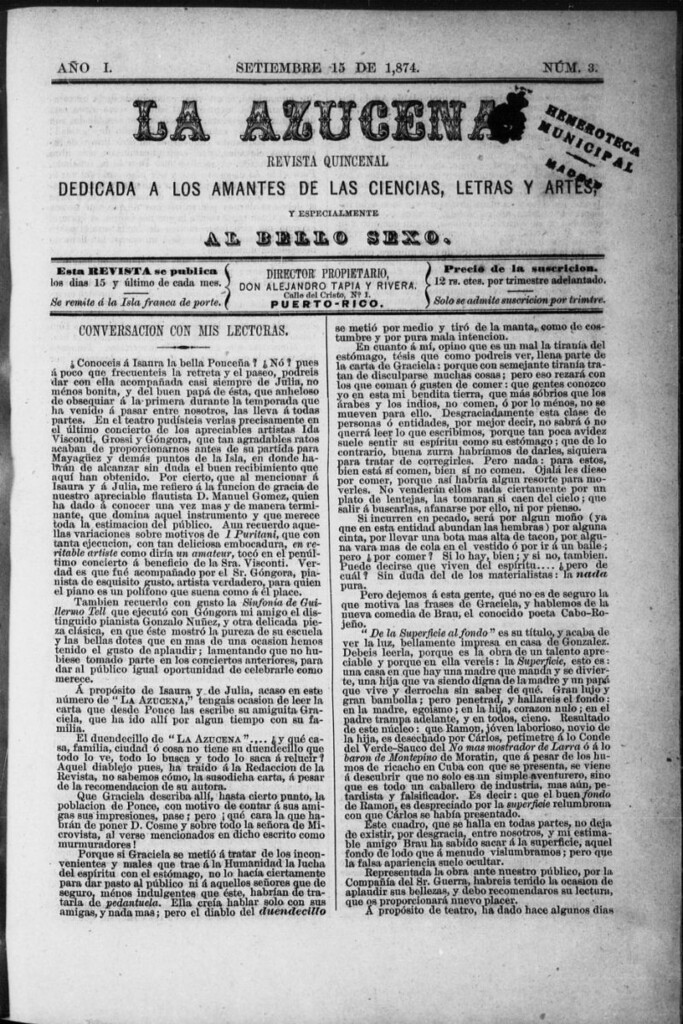 Miniatura de La Azucena: revista quincenal dedicada a los amantes de las ciencias, letras y artes, y especialmente al bello sexo de 15 de septiembre de 1874, nº 3