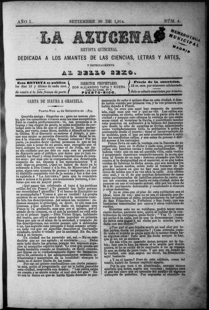 Miniatura de La Azucena: revista quincenal dedicada a los amantes de las ciencias, letras y artes, y especialmente al bello sexo de 30 de septiembre de 1874, nº 4